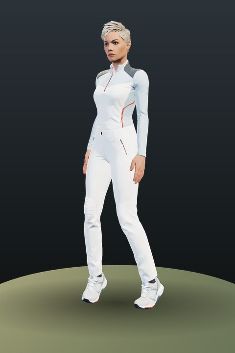Alpine Ace: silver crop, white long-sleeve top and white trousers