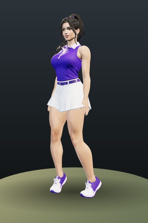 Violet Pulse: dark ponytail, sleeveless violet top, white skirt