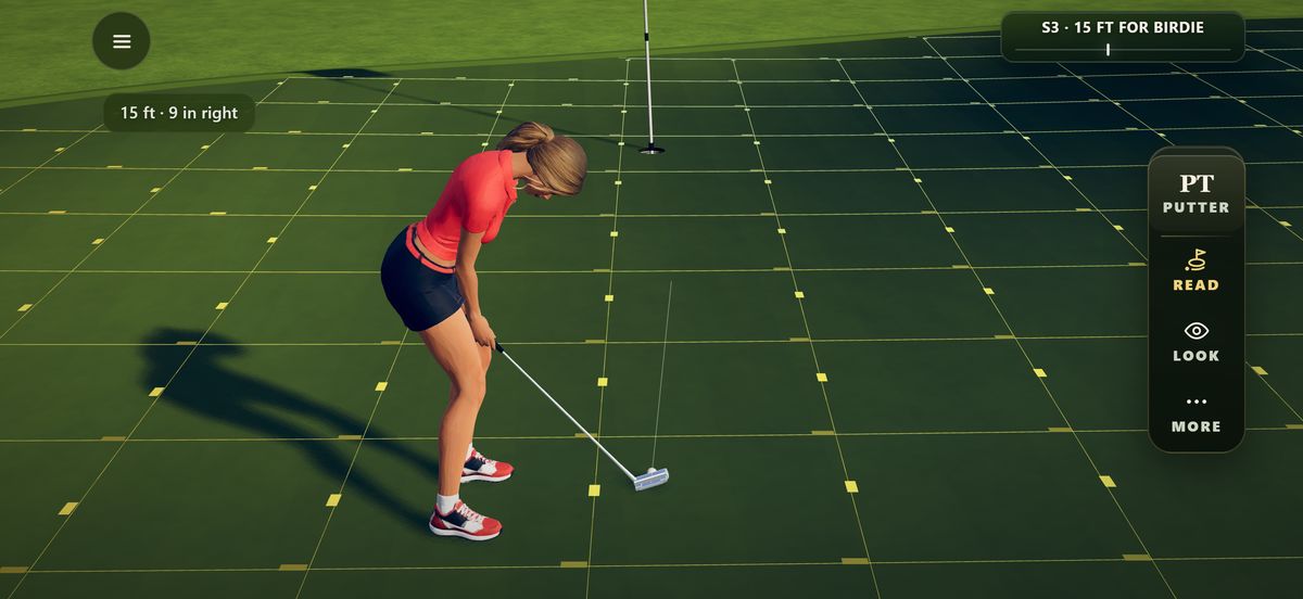 A putt on a phone with the read turned on: a grid of slope marks across the green, the golfer over the ball, the cup ahead and the line 15 feet, 9 inches right