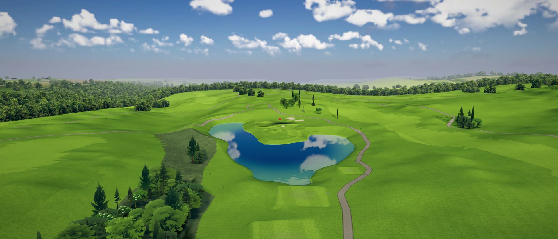 A real par 3 from the air: the tee, a pond in front of the green, the fairways and trees beyond