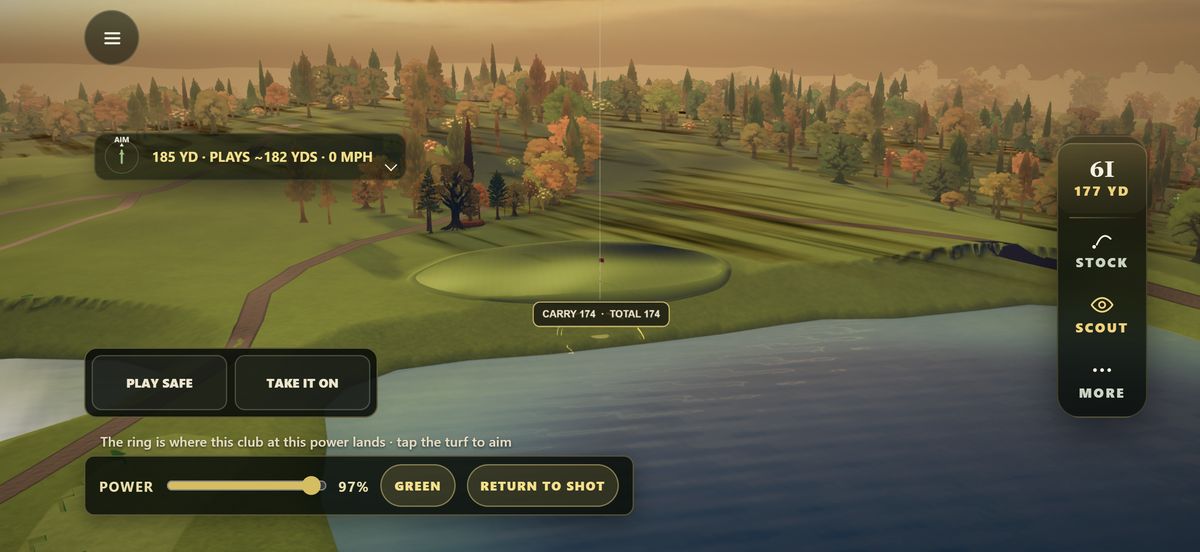 Scout on a phone over a par 3: 185 yards, plays about 182, the six iron's landing ring on the bank short of the green with Carry 174, Play Safe and Take It On, power at 97 percent
